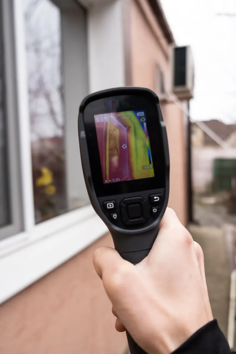 Inspector scanning a home's exterior with a handheld thermal imaging camera